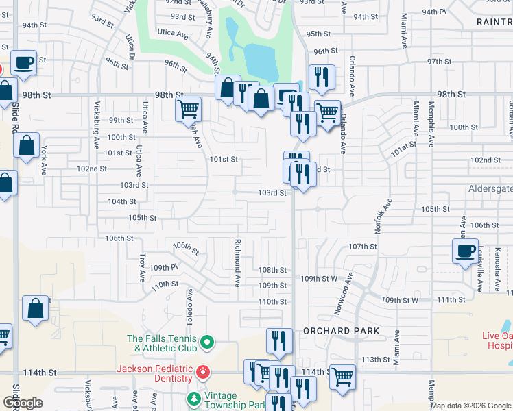 map of restaurants, bars, coffee shops, grocery stores, and more near 4422 105th Street in Lubbock