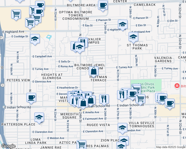 map of restaurants, bars, coffee shops, grocery stores, and more near North 25th Street in Phoenix