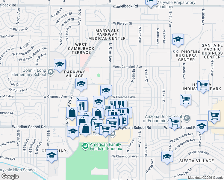 map of restaurants, bars, coffee shops, grocery stores, and more near 4321 North 51st Avenue in Phoenix