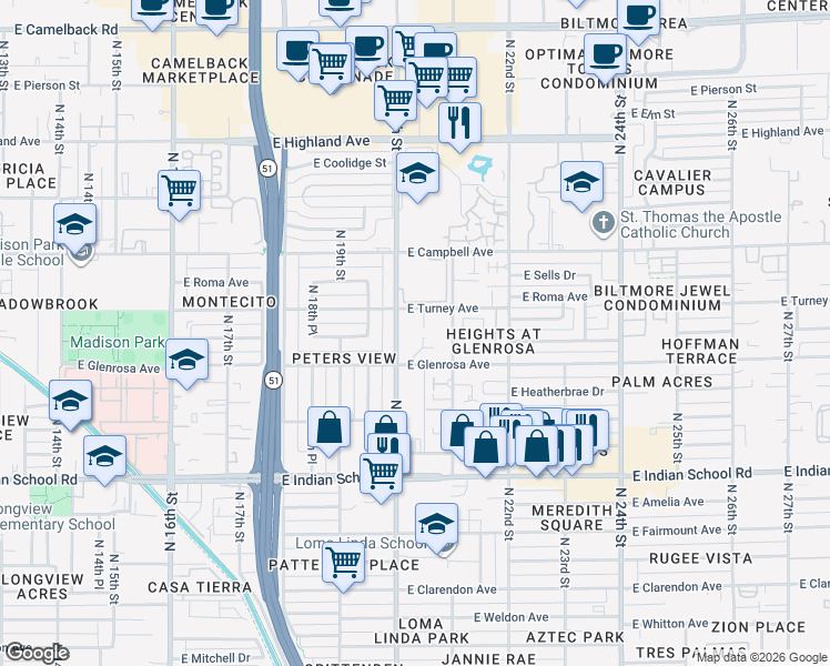 map of restaurants, bars, coffee shops, grocery stores, and more near 2019 East Turney Avenue in Phoenix