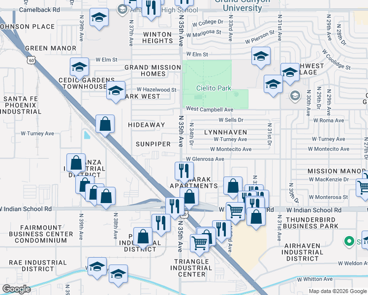 map of restaurants, bars, coffee shops, grocery stores, and more near 4321 North 35th Avenue in Phoenix