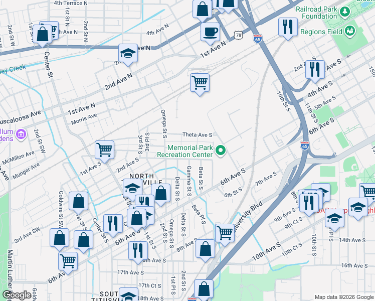 map of restaurants, bars, coffee shops, grocery stores, and more near 445 Iota Avenue South in Birmingham