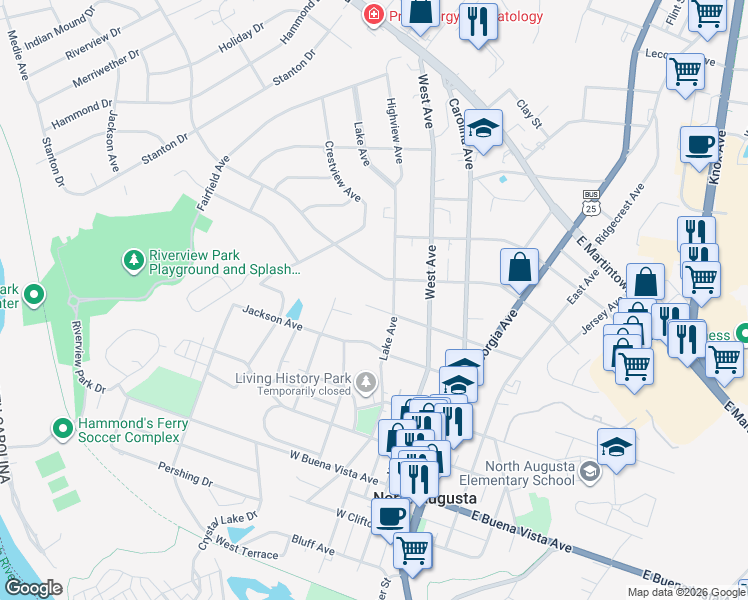 map of restaurants, bars, coffee shops, grocery stores, and more near 409 West Forest Avenue in North Augusta