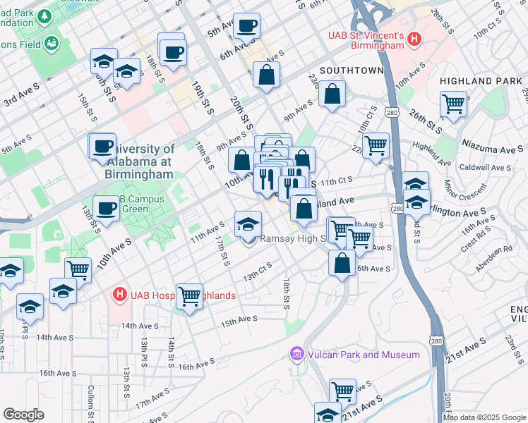 map of restaurants, bars, coffee shops, grocery stores, and more near 1901 11th Avenue South in Birmingham