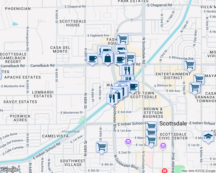 map of restaurants, bars, coffee shops, grocery stores, and more near 4327 North 69th Way in Scottsdale