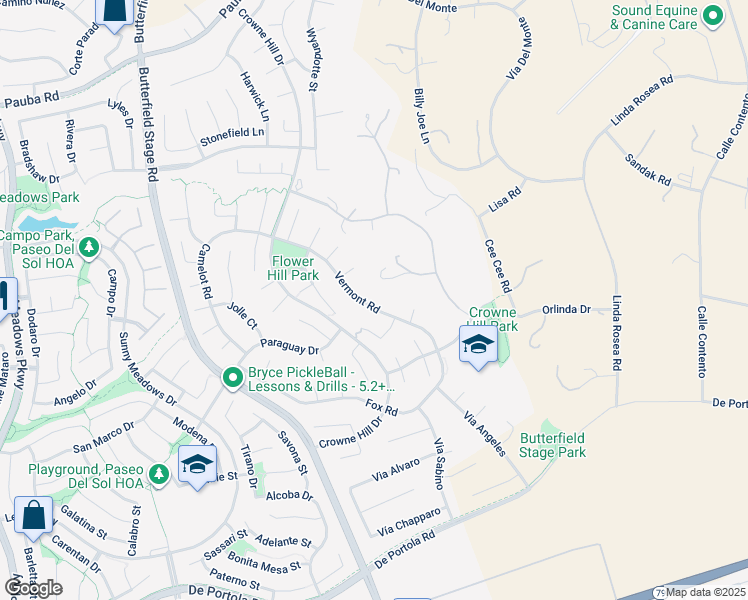map of restaurants, bars, coffee shops, grocery stores, and more near 33192 Vermont Road in Temecula