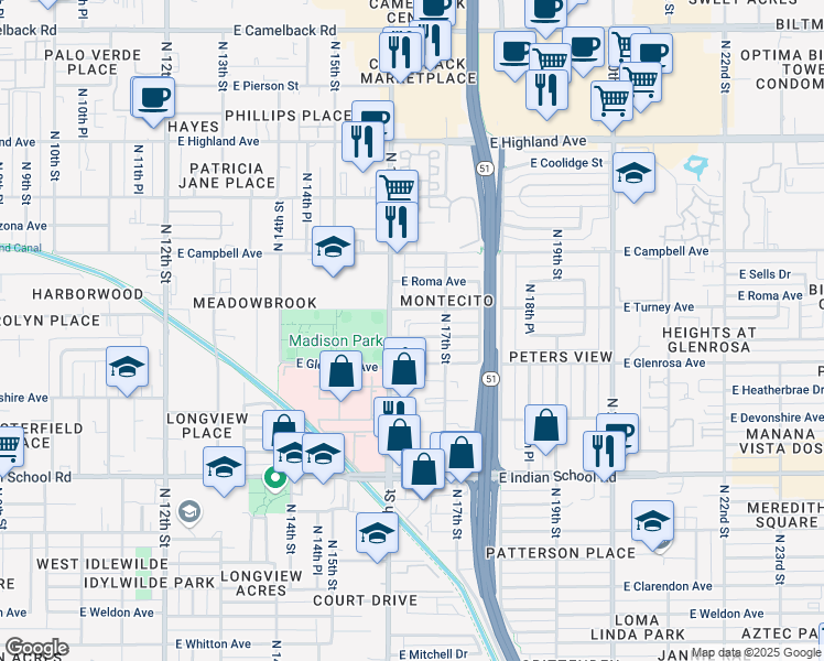 map of restaurants, bars, coffee shops, grocery stores, and more near 1618 East Montecito Avenue in Phoenix