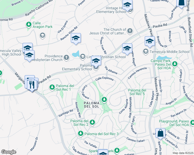 map of restaurants, bars, coffee shops, grocery stores, and more near 31904 Calle Espinosa in Temecula