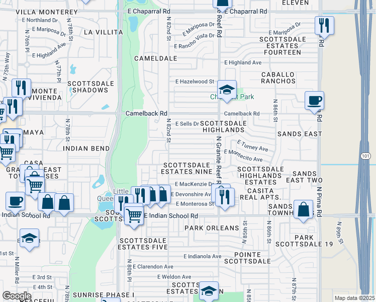 map of restaurants, bars, coffee shops, grocery stores, and more near 8238 East Montecito Avenue in Scottsdale