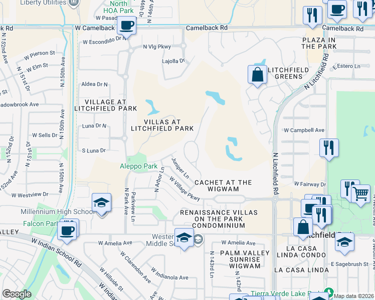 map of restaurants, bars, coffee shops, grocery stores, and more near 356 North Cloverfield Circle in Litchfield Park