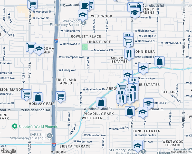 map of restaurants, bars, coffee shops, grocery stores, and more near 2132 West Glenrosa Avenue in Phoenix