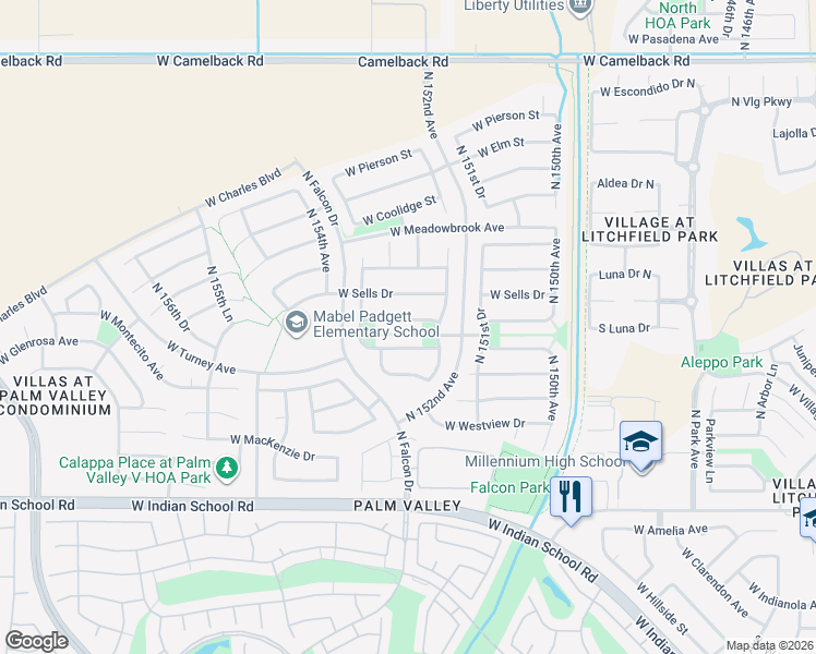 map of restaurants, bars, coffee shops, grocery stores, and more near 15299 West Roma Avenue in Goodyear