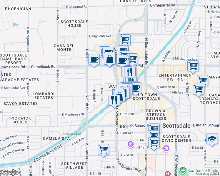 map of restaurants, bars, coffee shops, grocery stores, and more near 4327 North 69th Way in Scottsdale