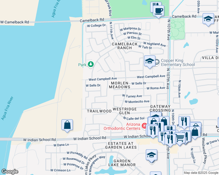 map of restaurants, bars, coffee shops, grocery stores, and more near 4415 North 111th Lane in Phoenix