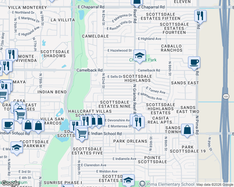 map of restaurants, bars, coffee shops, grocery stores, and more near 8244 East Montecito Avenue in Scottsdale