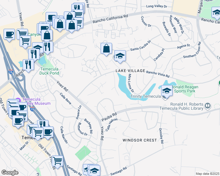 map of restaurants, bars, coffee shops, grocery stores, and more near 29950 Cactus Place in Temecula