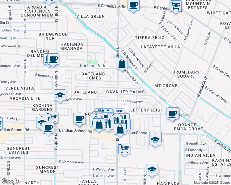 map of restaurants, bars, coffee shops, grocery stores, and more near 4342 East Montecito Avenue in Phoenix