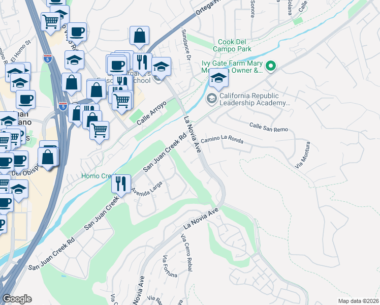 map of restaurants, bars, coffee shops, grocery stores, and more near 27651 Paseo La Ronda in San Juan Capistrano