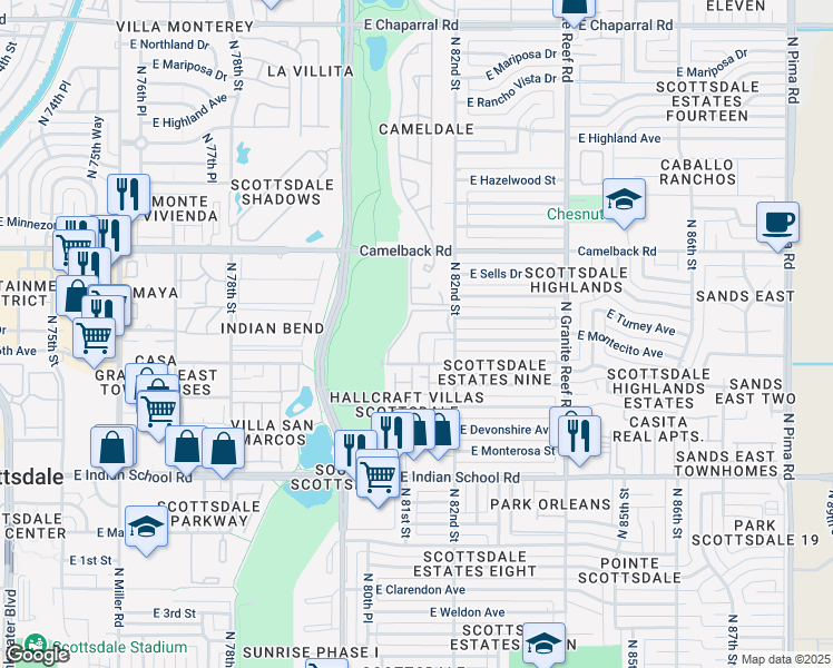 map of restaurants, bars, coffee shops, grocery stores, and more near 8120 East Glenrosa Avenue in Scottsdale