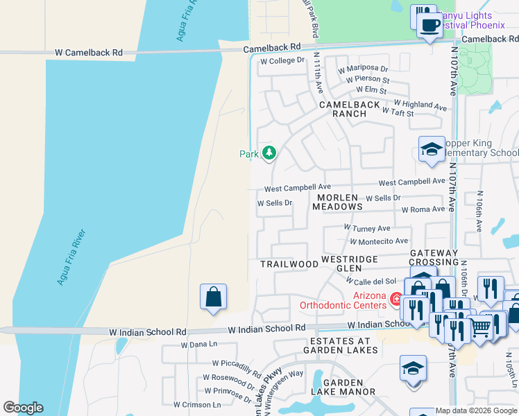 map of restaurants, bars, coffee shops, grocery stores, and more near 11251 West Sells Drive in Phoenix