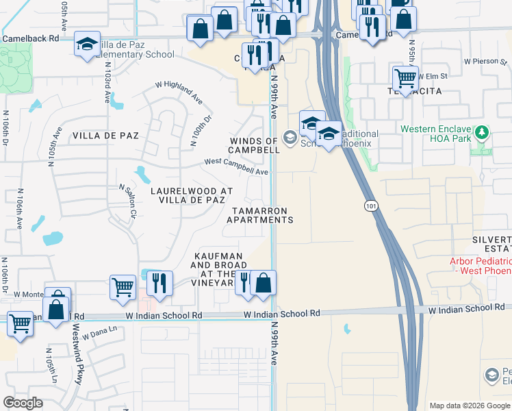 map of restaurants, bars, coffee shops, grocery stores, and more near 42 North 99th Avenue in Phoenix