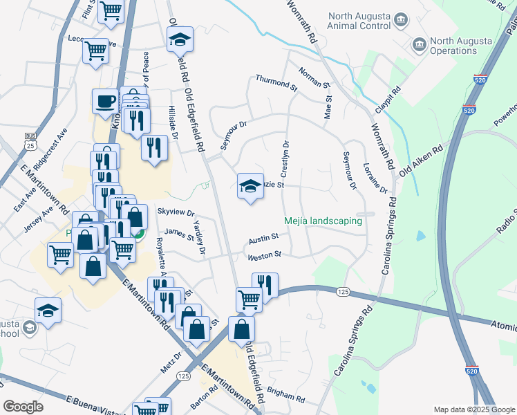 map of restaurants, bars, coffee shops, grocery stores, and more near 725 Old Edgefield Road in North Augusta