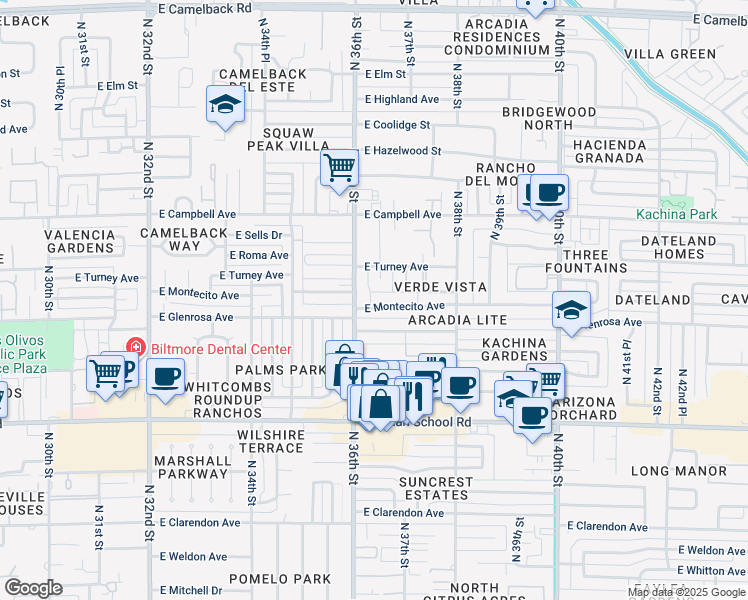 map of restaurants, bars, coffee shops, grocery stores, and more near 3618 East Montecito Avenue in Phoenix