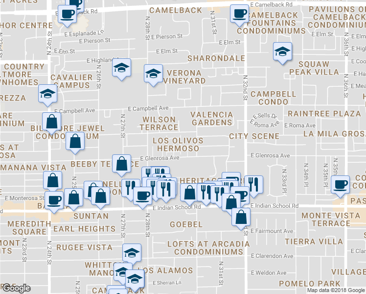 map of restaurants, bars, coffee shops, grocery stores, and more near 4315 North 29th Place in Phoenix