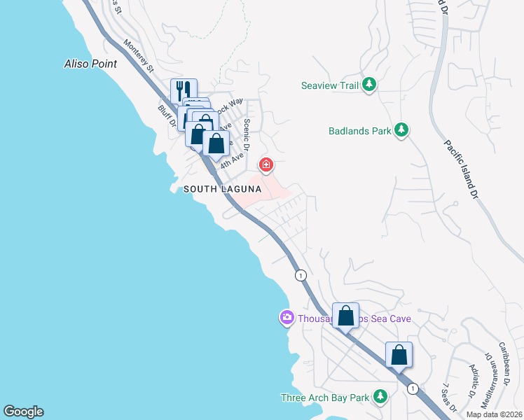 map of restaurants, bars, coffee shops, grocery stores, and more near 31834 7th Avenue in Laguna Beach