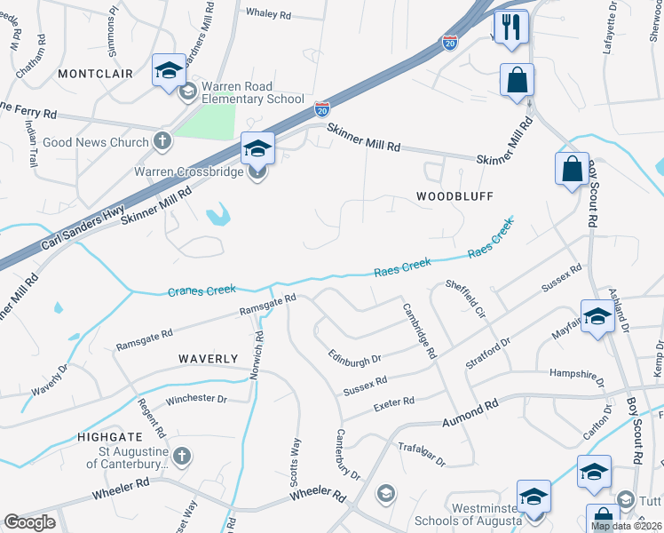 map of restaurants, bars, coffee shops, grocery stores, and more near 3088 Westwood Road in Augusta