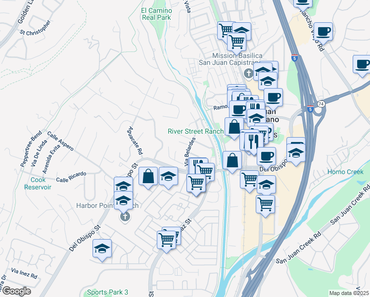 map of restaurants, bars, coffee shops, grocery stores, and more near 31891 Via Belardes in San Juan Capistrano
