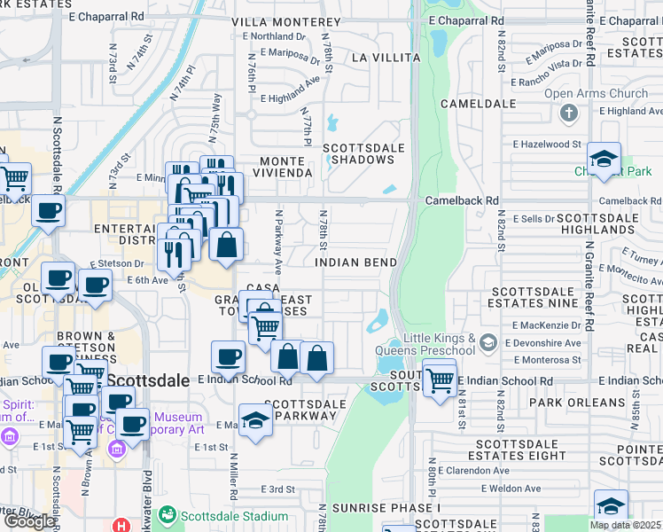 map of restaurants, bars, coffee shops, grocery stores, and more near 4360 North 78th Street in Scottsdale