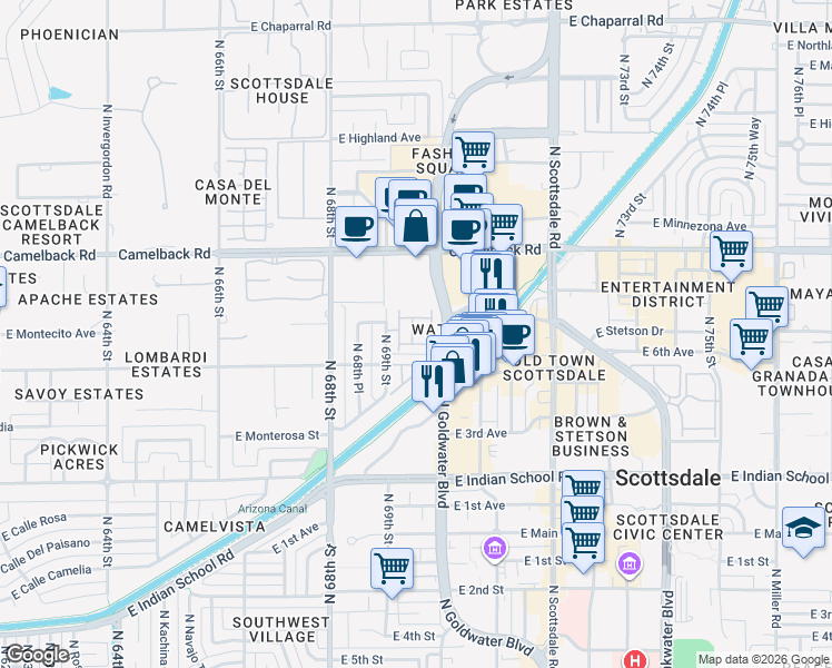 map of restaurants, bars, coffee shops, grocery stores, and more near 4327 North 69th Way in Scottsdale