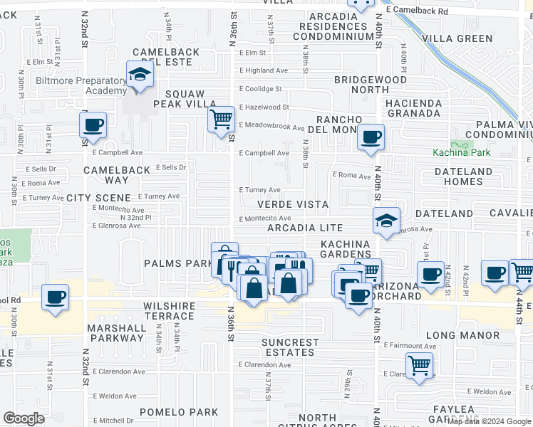 map of restaurants, bars, coffee shops, grocery stores, and more near 3646 East Montecito Avenue in Phoenix