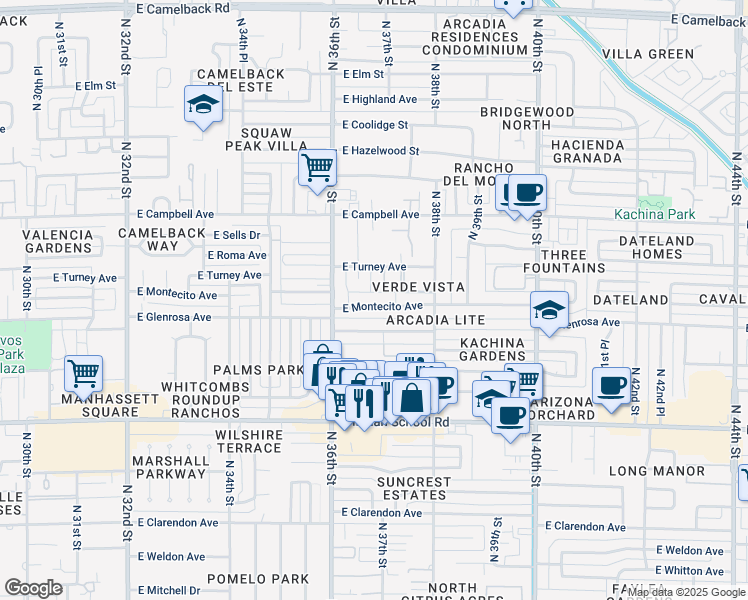 map of restaurants, bars, coffee shops, grocery stores, and more near 3646 East Montecito Avenue in Phoenix
