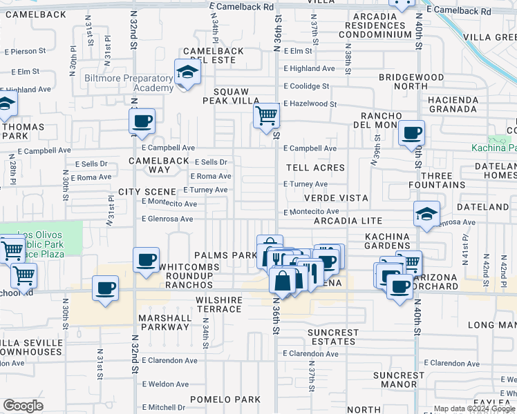 map of restaurants, bars, coffee shops, grocery stores, and more near 3539 East Montecito Avenue in Phoenix