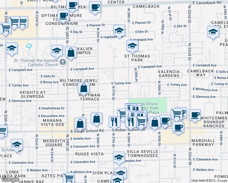 map of restaurants, bars, coffee shops, grocery stores, and more near 2715 East Montecito Avenue in Phoenix