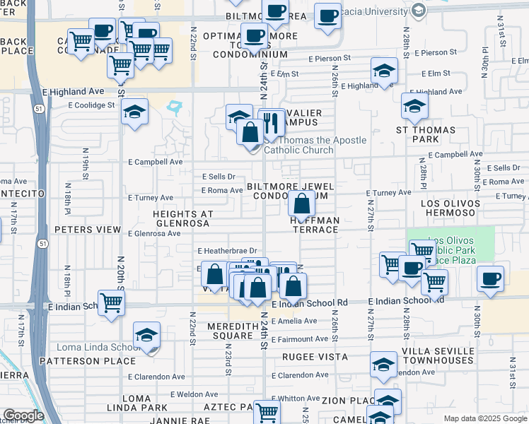 map of restaurants, bars, coffee shops, grocery stores, and more near 4332 North 24th Street in Phoenix