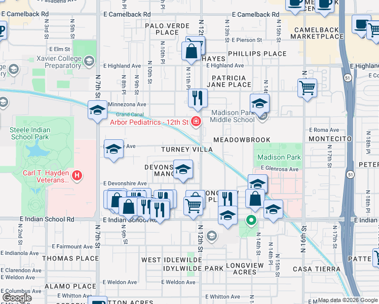 map of restaurants, bars, coffee shops, grocery stores, and more near 1111 East Turney Avenue in Phoenix