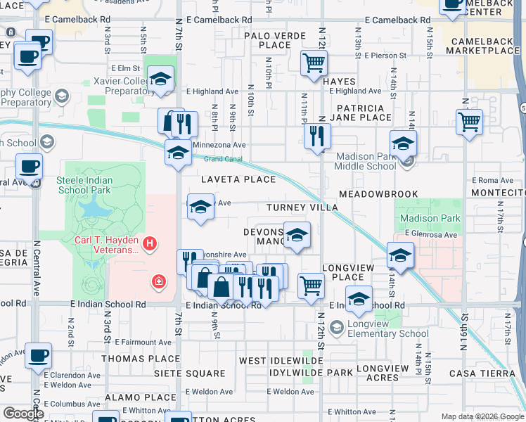 map of restaurants, bars, coffee shops, grocery stores, and more near 925 East Turney Avenue in Phoenix