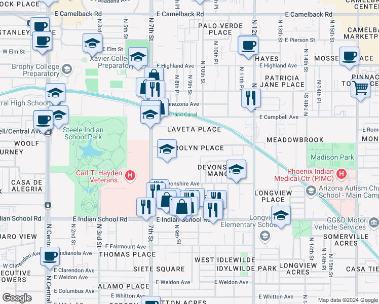 map of restaurants, bars, coffee shops, grocery stores, and more near 829 East Turney Avenue in Phoenix
