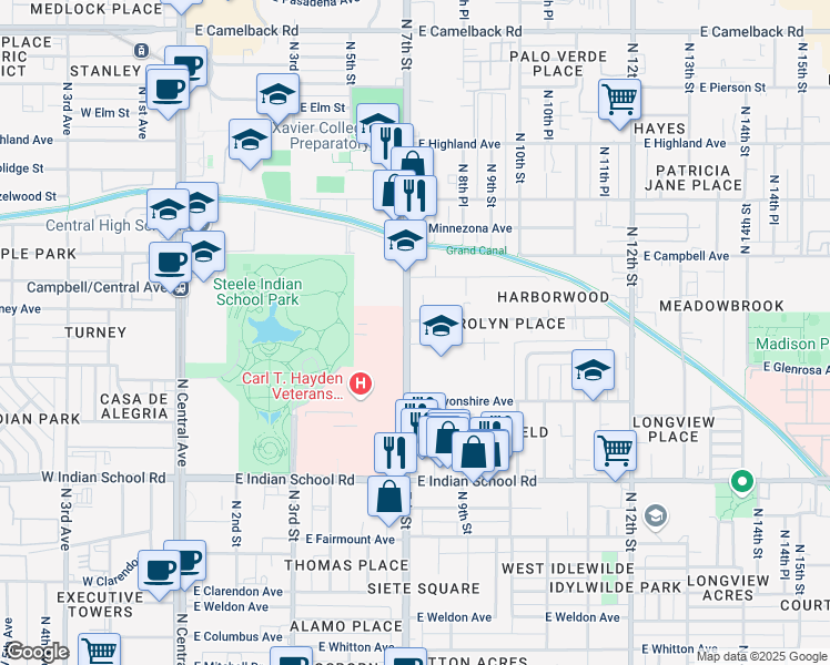 map of restaurants, bars, coffee shops, grocery stores, and more near 4406 North 7th Street in Phoenix