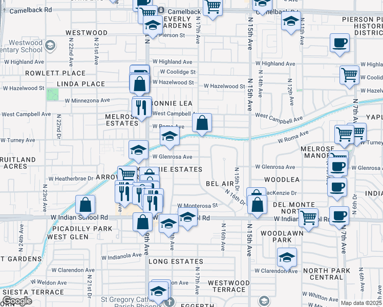 map of restaurants, bars, coffee shops, grocery stores, and more near 1720 West Glenrosa Avenue in Phoenix