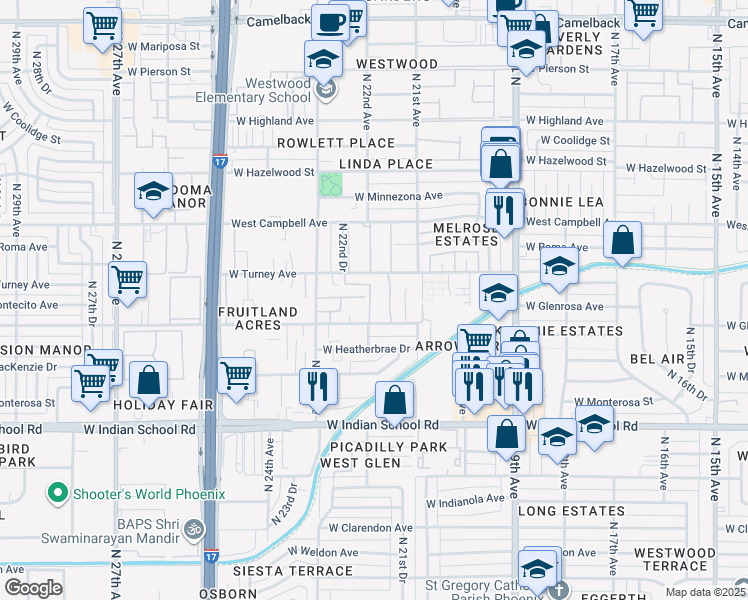 map of restaurants, bars, coffee shops, grocery stores, and more near 2132 West Glenrosa Avenue in Phoenix