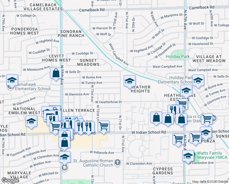 map of restaurants, bars, coffee shops, grocery stores, and more near 7144 West Glenrosa Avenue in Phoenix