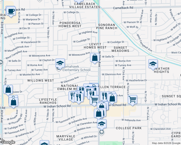 map of restaurants, bars, coffee shops, grocery stores, and more near 7529 West Montecito Avenue in Phoenix