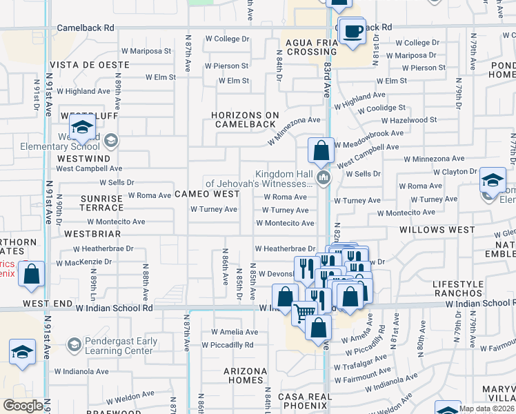 map of restaurants, bars, coffee shops, grocery stores, and more near 8448 West Turney Avenue in Phoenix