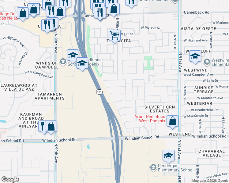map of restaurants, bars, coffee shops, grocery stores, and more near Agua Fria Freeway in Phoenix