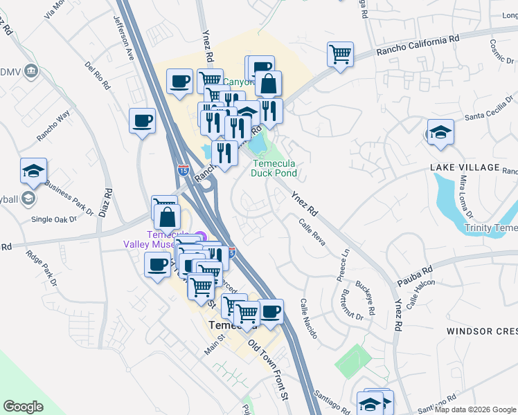 map of restaurants, bars, coffee shops, grocery stores, and more near 42926 Avenida Amistad in Temecula