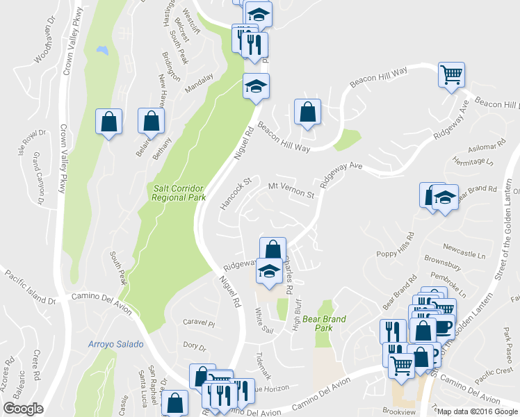 map of restaurants, bars, coffee shops, grocery stores, and more near 16 New Chardon in Laguna Niguel
